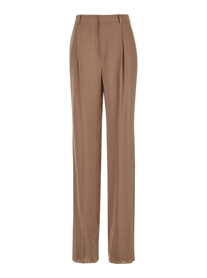 Beige Pants with High Waist and Pences on the Front in Silk Woman Trousers