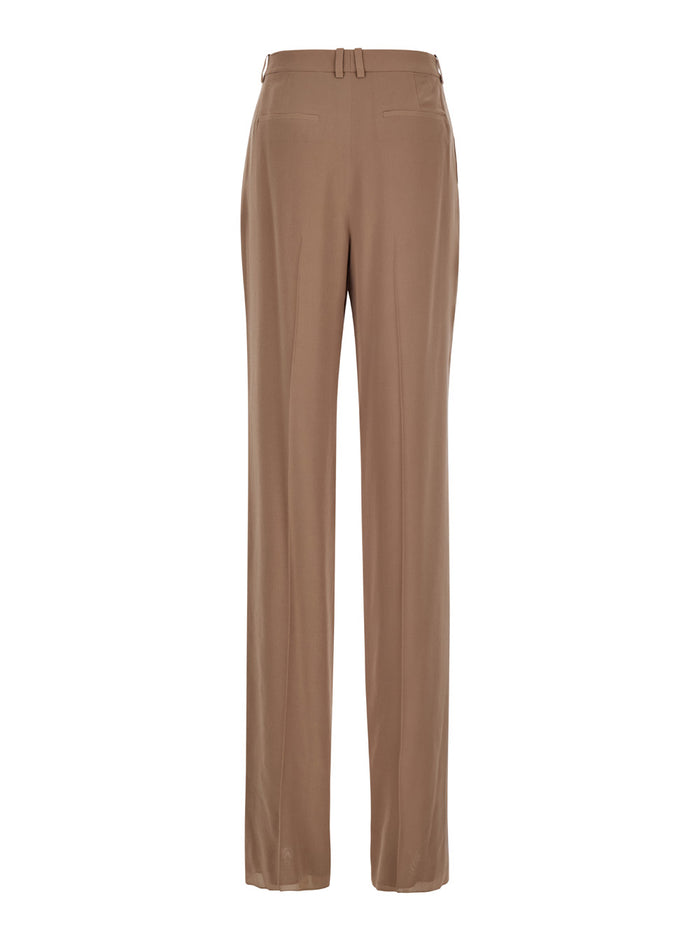 Beige Pants with High Waist and Pences on the Front in Silk Woman Trousers