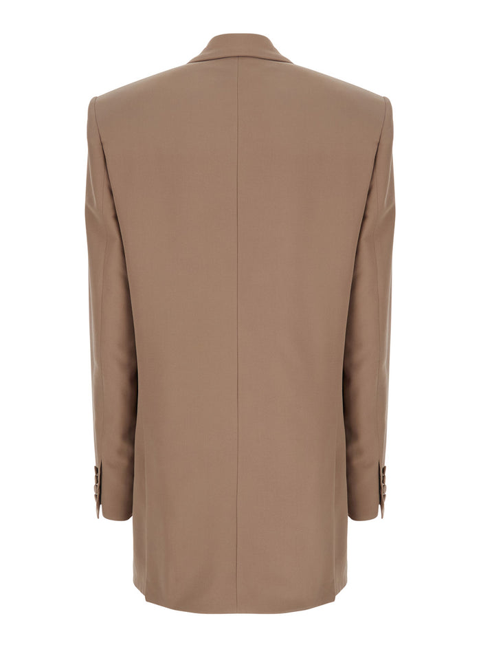 Beige Double Breasted Jacket with Classic Lapels in Silk Woman Blazers