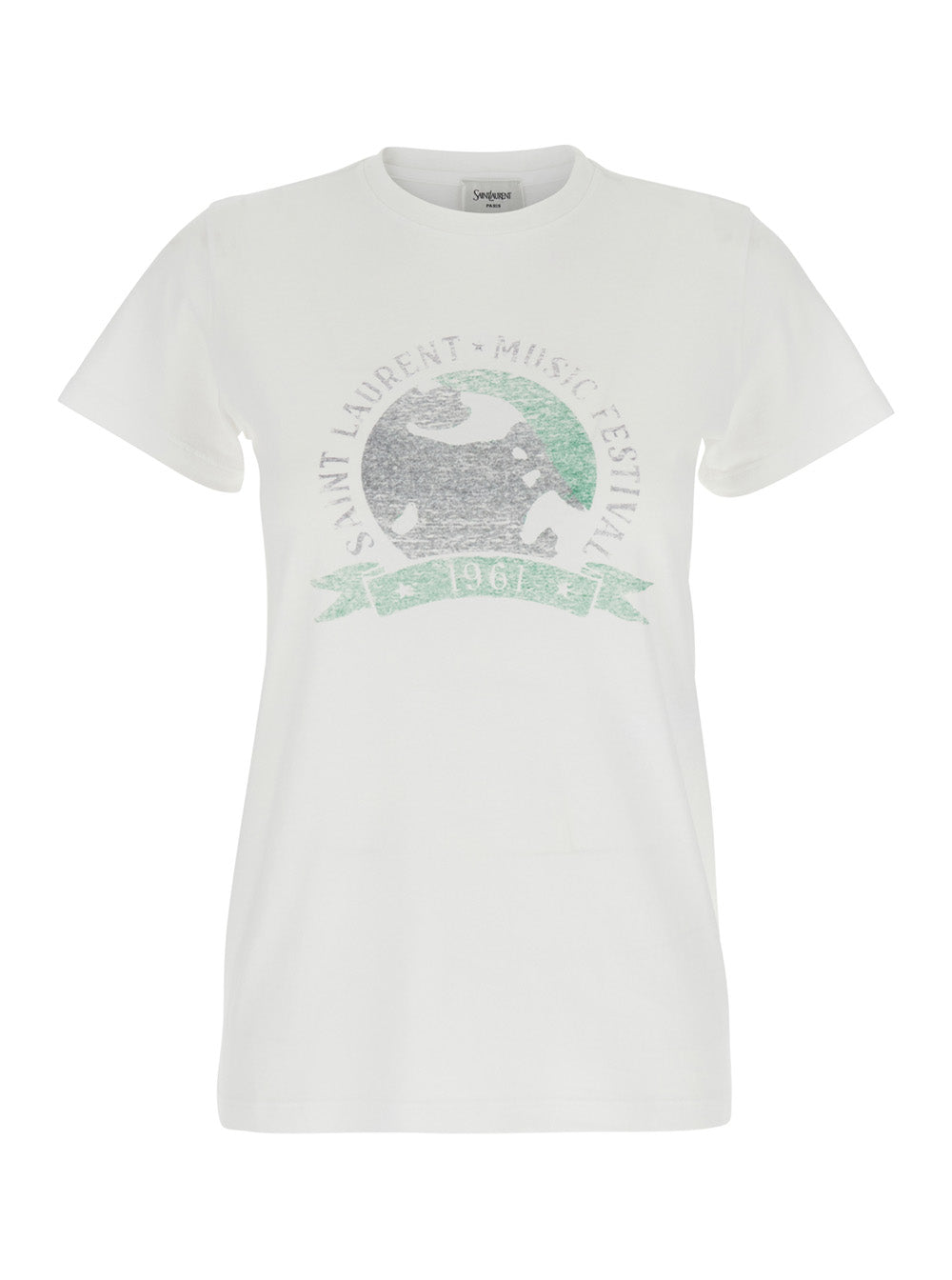 White T-Shirt with Graphic Print on the Front in Cotton Woman Tshirts And Polo Shirts