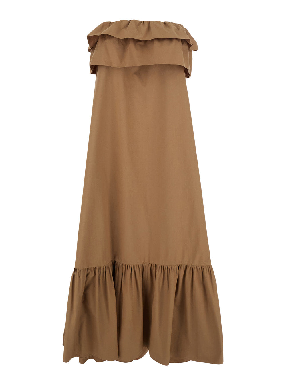 Beige Long Dress with Bustier Neckline and Ruffled Skirt in Cotton Woman Brown