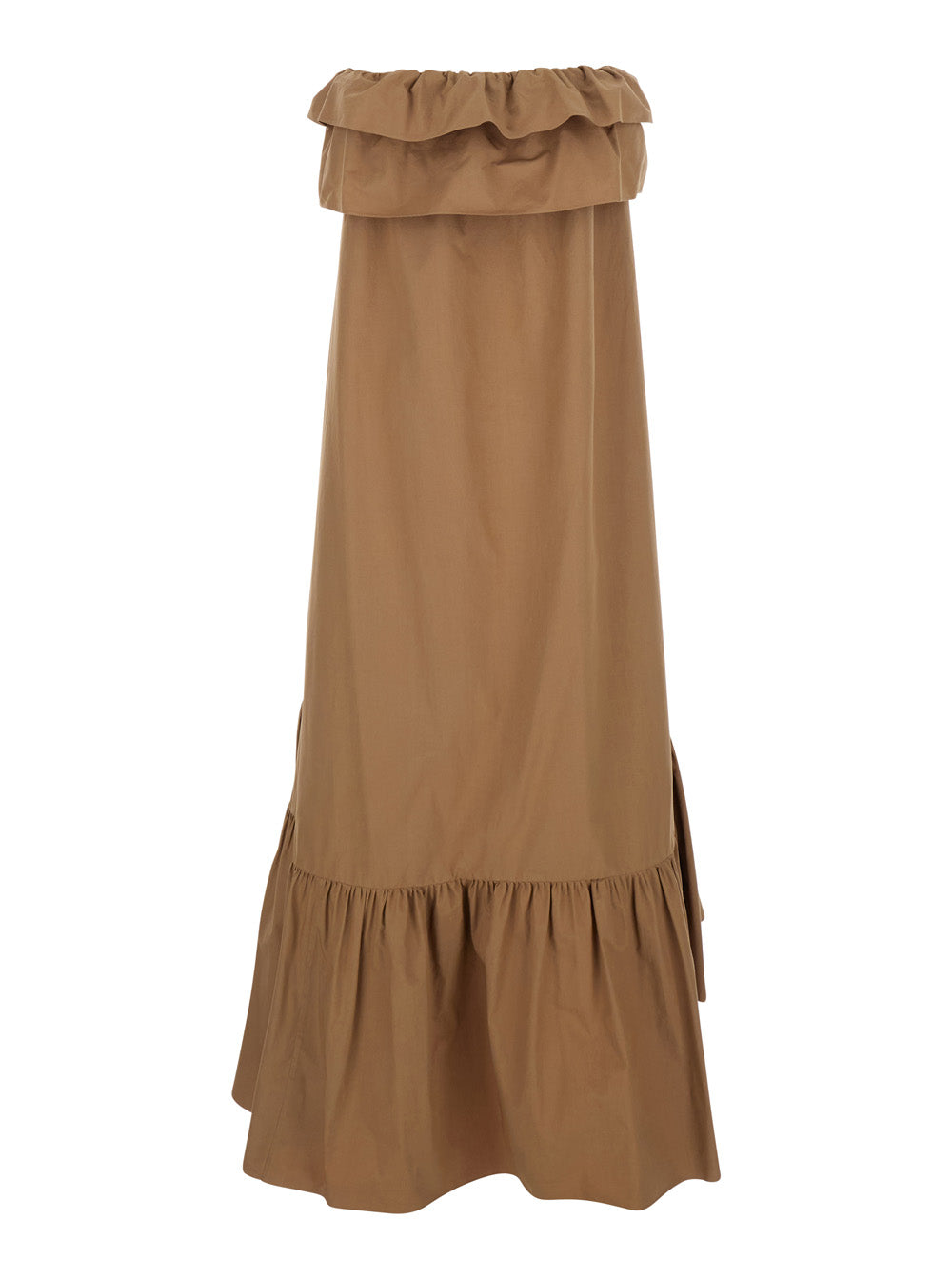 Beige Long Dress with Bustier Neckline and Ruffled Skirt in Cotton Woman Brown