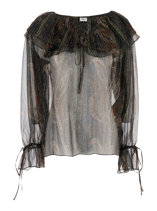 Multicolor Off-Shoulder Blouse With Poet Sleeves Silk Blouses