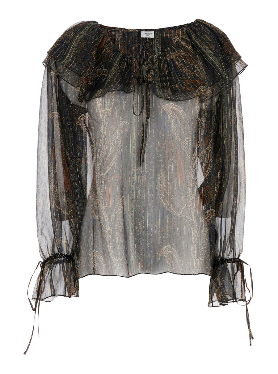 Multicolor Off-Shoulder Blouse With Poet Sleeves Silk Blouses