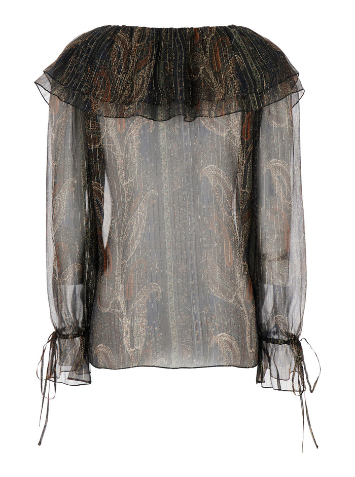 Multicolor Off-Shoulder Blouse with Drawstring Poet Sleeves in Silk Blend Woman Metalic Polyester Shirts And Blouses