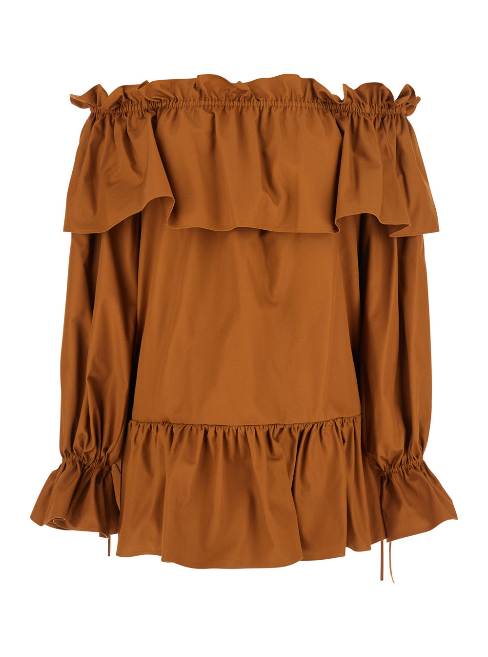 Brown Ruffle Dress With Bare Shoulders Cotton Twill Woman