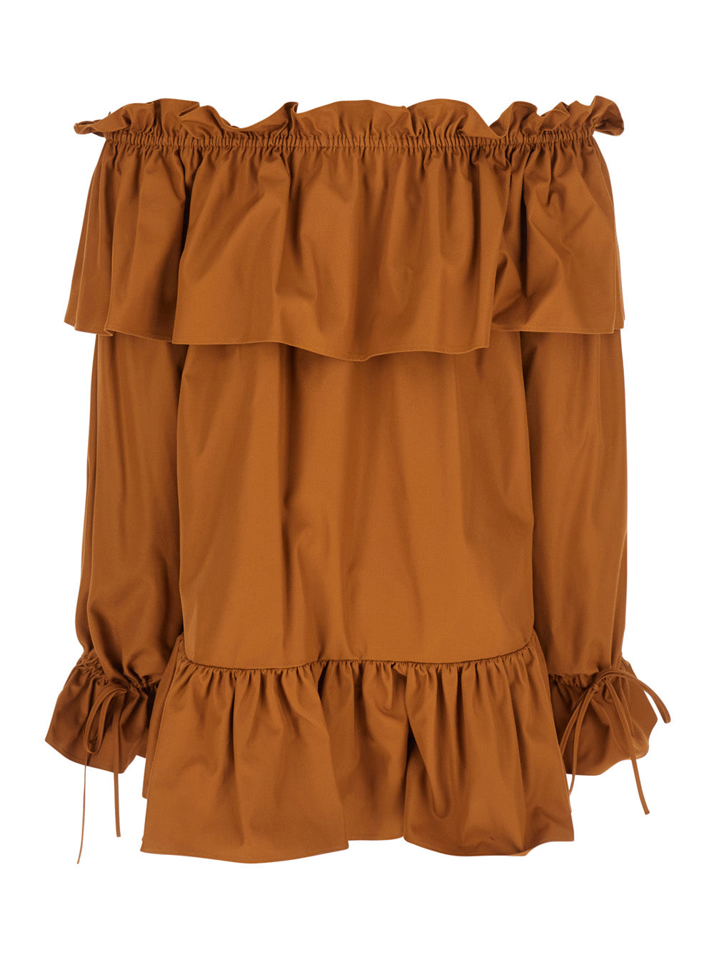 Brown Ruffle Dress With Bare Shoulders Cotton Twill Woman