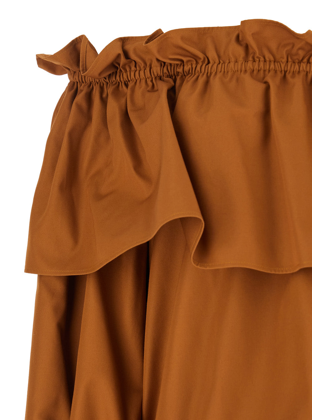 Brown Ruffle Dress With Bare Shoulders Cotton Twill Woman