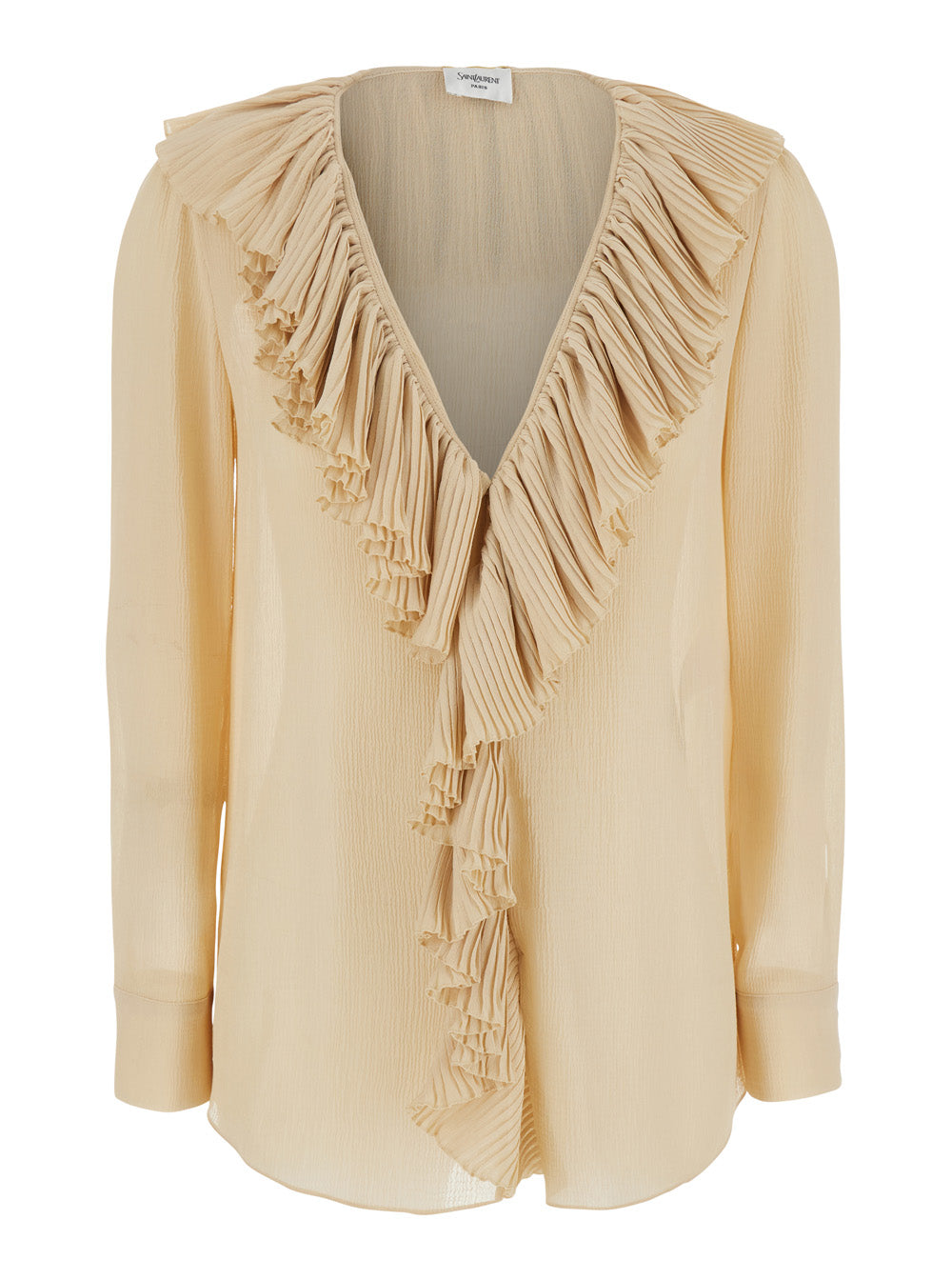 Beige Blouse with V Neck and Ruffles on Front Rear in Silk Woman Shirts Blouses