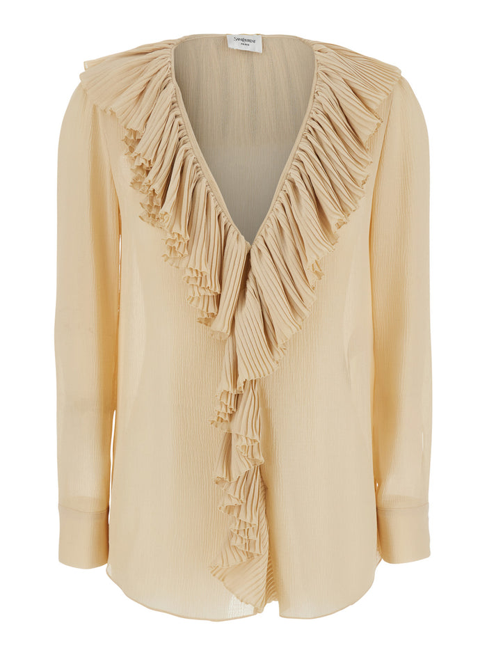 Beige Blouse with V Neck and Ruffles on Front Rear in Silk Woman Shirts Blouses