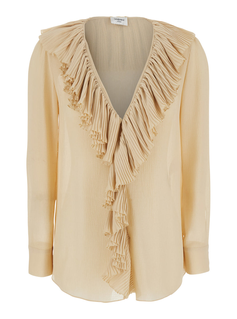 Beige Silk Blouse With V Neck And Ruffles Blouses
