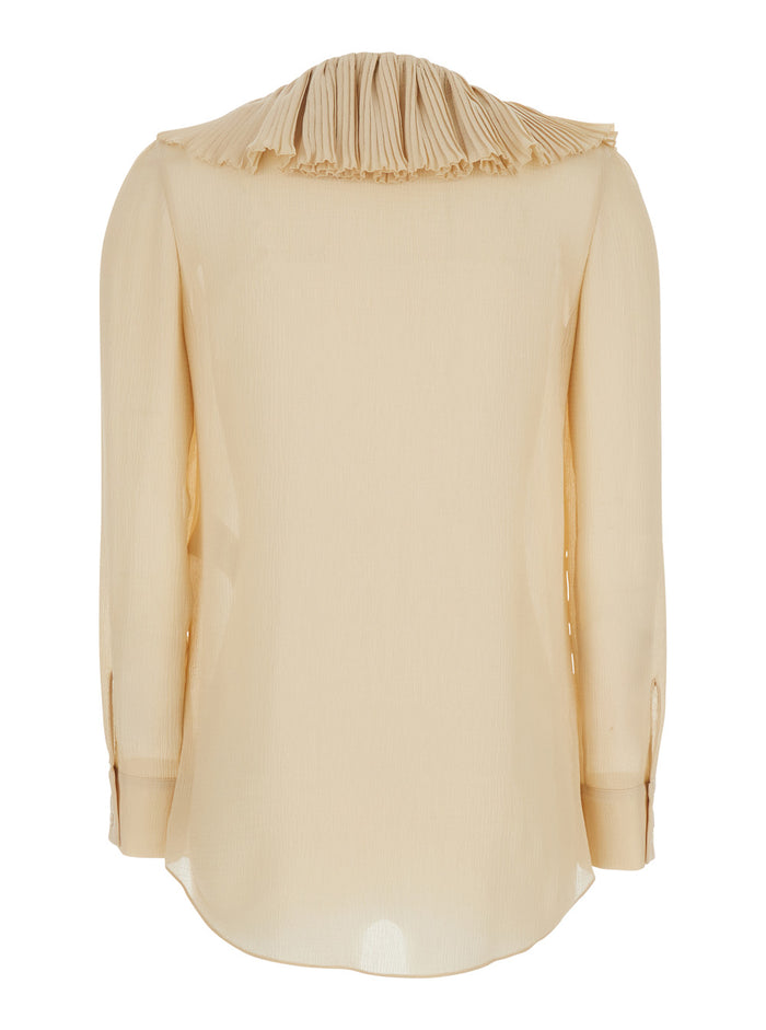 Beige Blouse with V Neck and Ruffles on Front Rear in Silk Woman Shirts Blouses