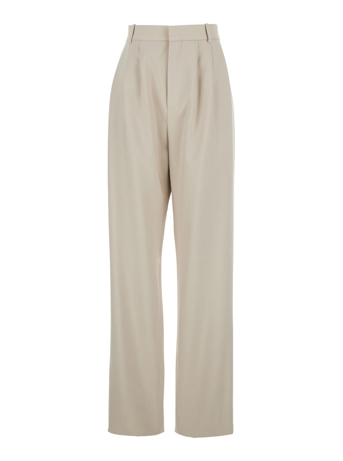Beige Pants with Belt Loops and Pences on the Front in Wool Woman White Trousers