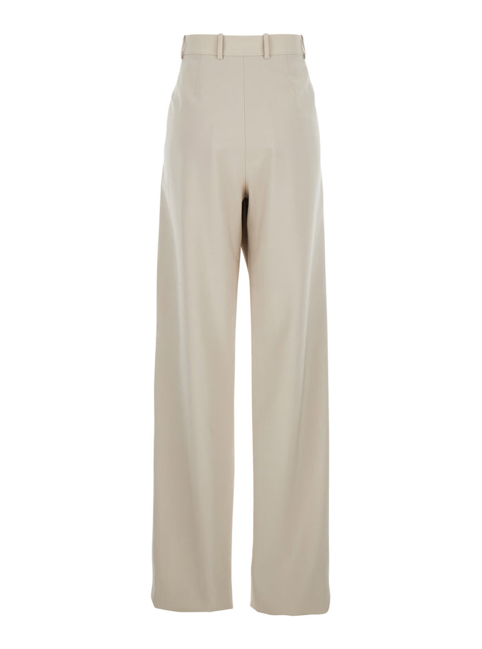 Beige Pants with Belt Loops and Pences on the Front in Wool Woman White Trousers