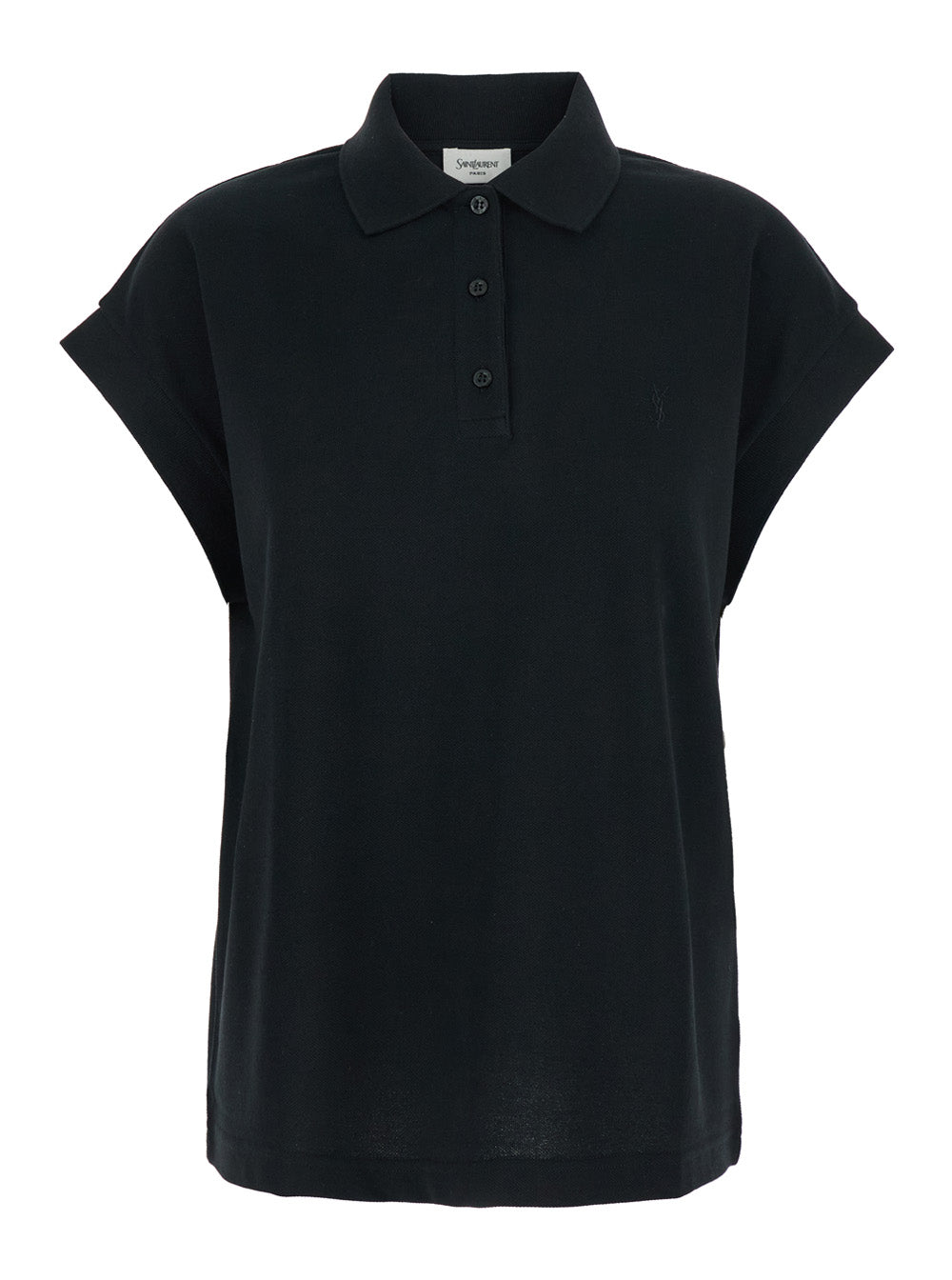 Black Sleeveless Polo Shirt With Classic Collar And Cassandre Embroidery On The Front Cotton Woman Polyester Tshirts