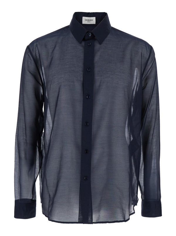 Blue Shirt With Classic Collar And Details Cotton