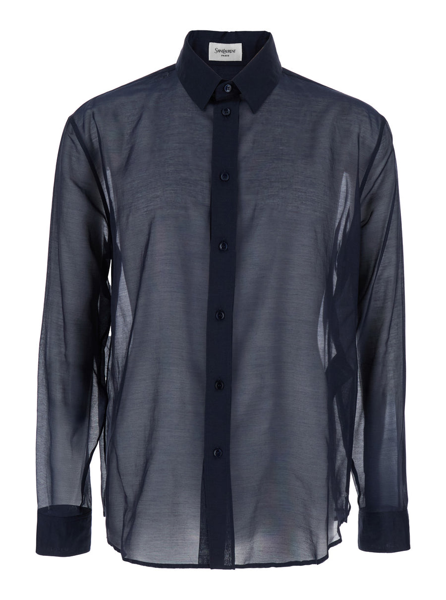 Blue Shirt With Classic Collar And Details Cotton
