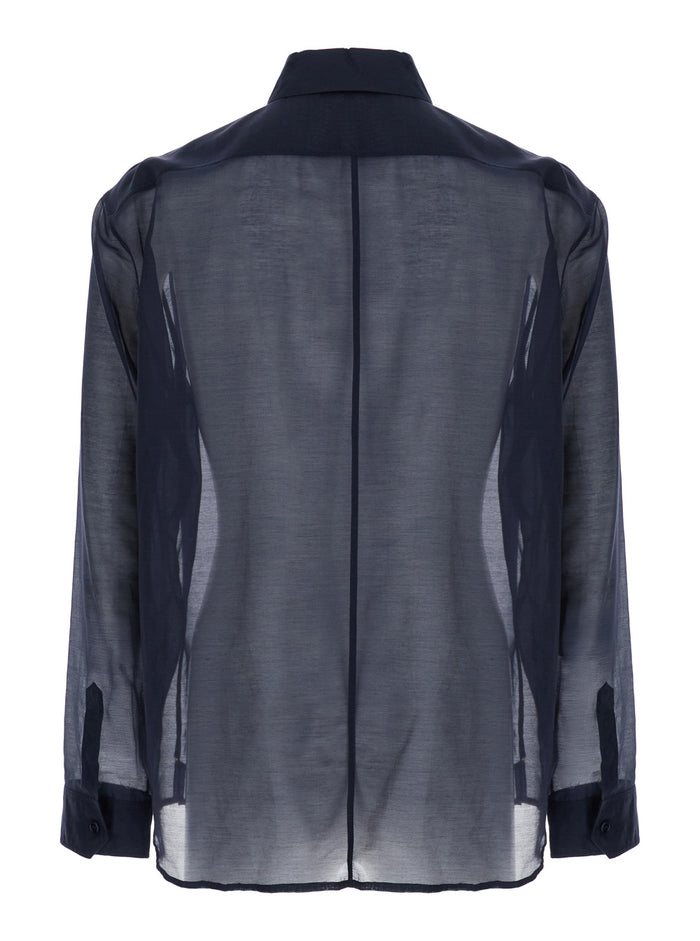 Blue Shirt with Classic Collar and Contrasting Details in Cotton SIlk Man Blu Blouses