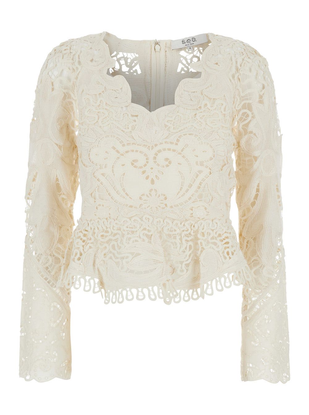 Gianna White Top with All-Over Lace Embroidery in Cotton Woman Tops