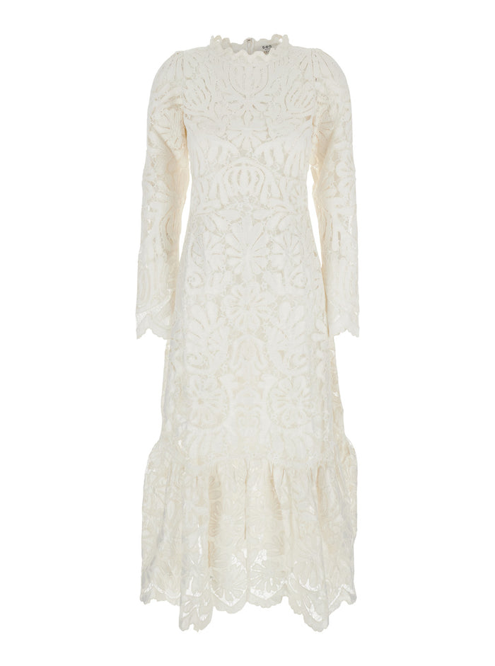 Agathe Applique White Crewneck Long Dress with Asymmetric Hem in Tech Fabric Woman Polyester