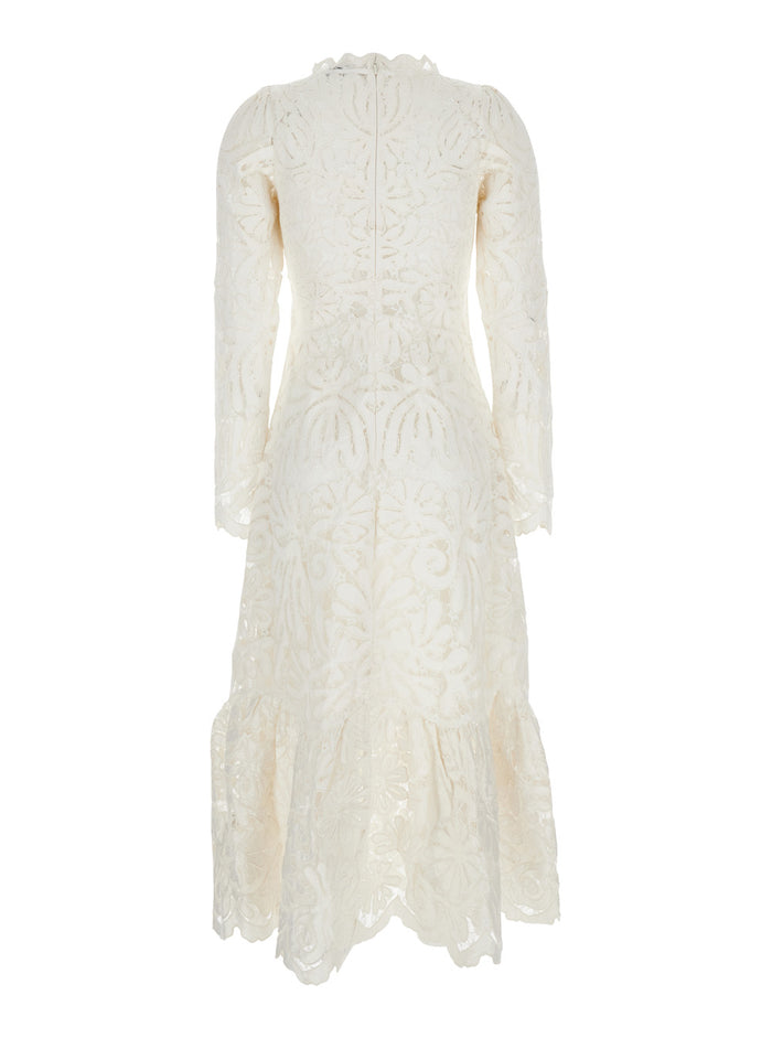 Agathe Applique White Crewneck Long Dress with Asymmetric Hem in Tech Fabric Woman Polyester