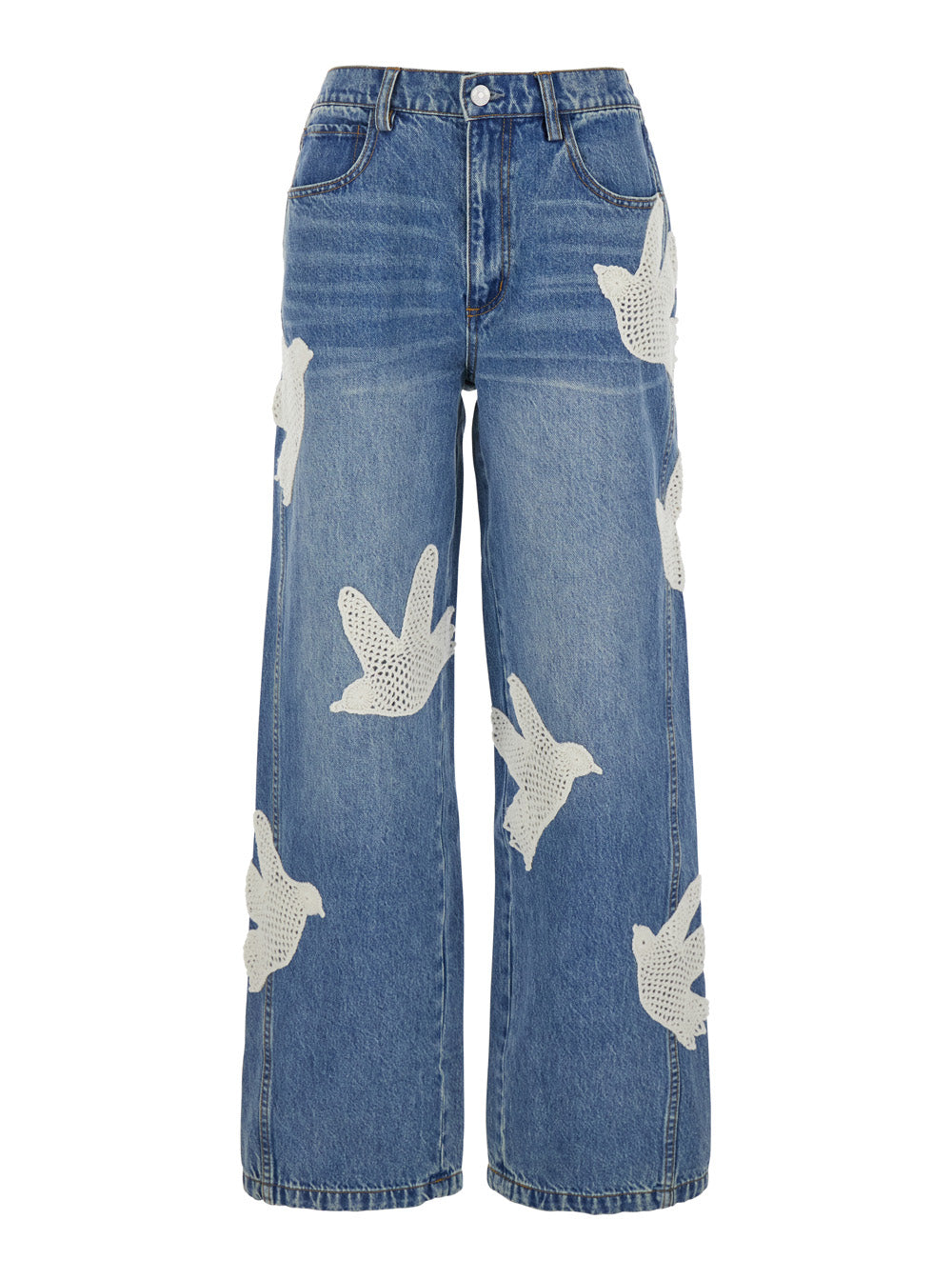 Payton Blue Jeans With All-Over Crochet Birds Cotton Blend Woman Blu Polyester Viscose