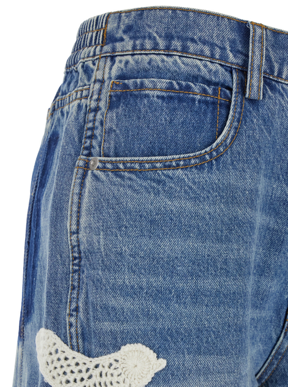 Payton Blue Jeans With All-Over Crochet Birds Cotton Blend Woman Blu Polyester Viscose