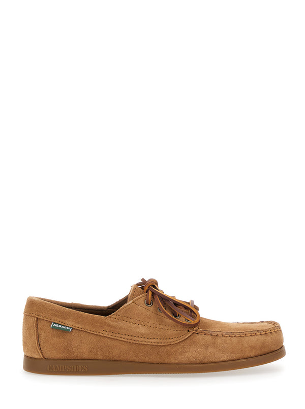 Beige Suede Loafers With Patch Logo