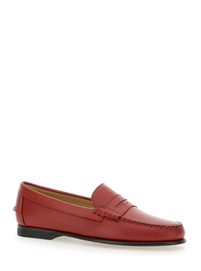 Danielle Pop Red Loafers with Bevelled Toe and Low Stacked Heel in Leather Woman Calf
