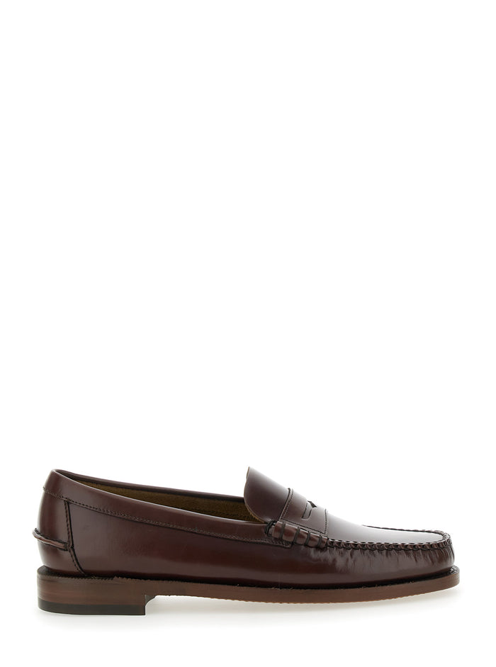 Classic Dan Brown Loafers With Raised Stitching And Low Heel Leather Man