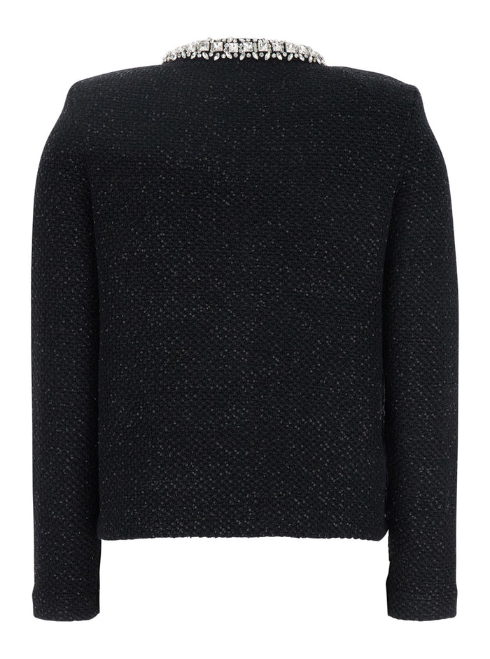 Black Crewneck Sequin Cardigan Cotton Blend Woman Jersey