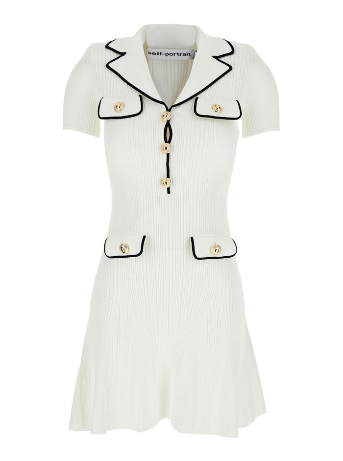 White Mini Dress With Notched Collar And Contrasting Trim Viscose Blend Stretch Woman