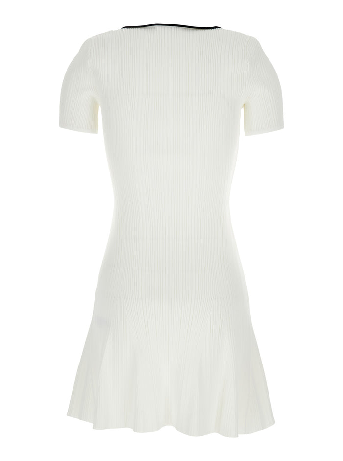 White Mini Dress With Notched Collar And Contrasting Trim Viscose Blend Stretch Woman