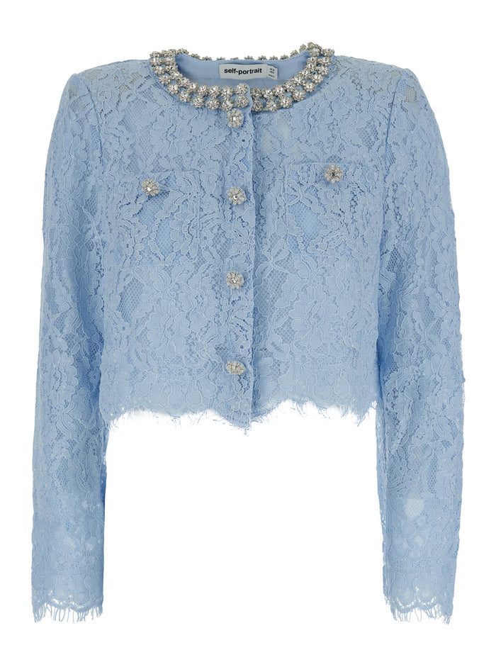 Light Blue Crewneck Rhinestoned Top With Lace Knit Cotton Blend Woman Blu Tops