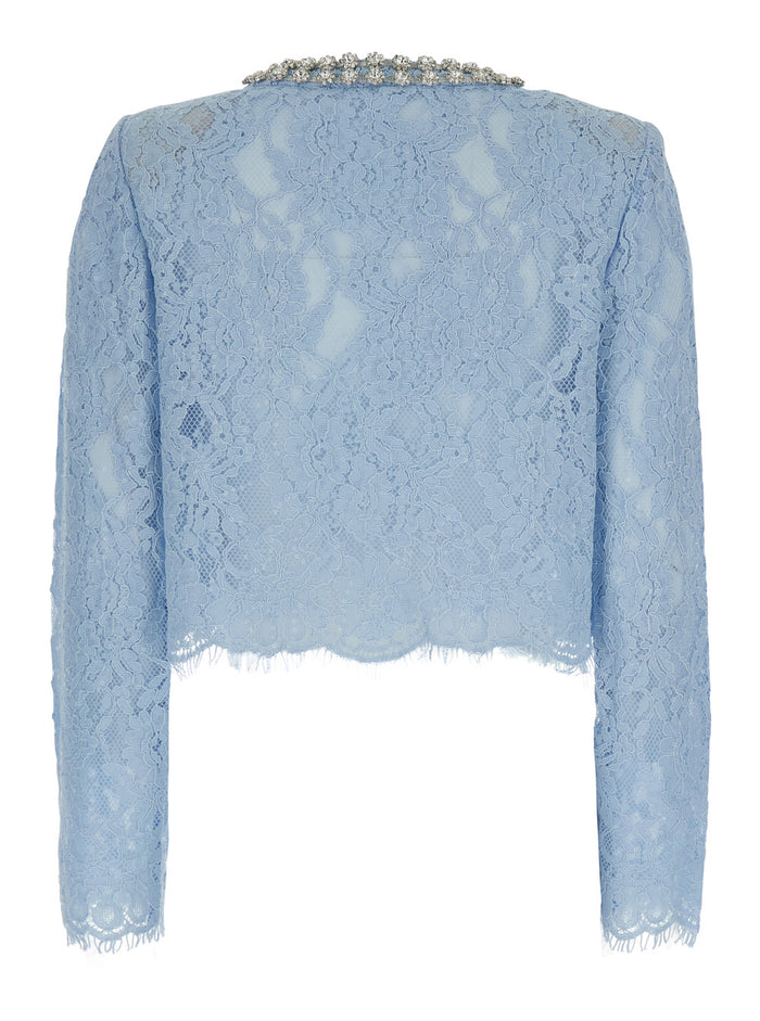 Light Blue Crewneck Rhinestoned Top With Lace Knit Cotton Blend Woman Blu Tops