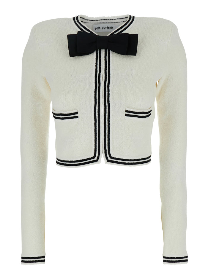 Beige Cardigan With Bow Detail On The Front And Contrasting Trims Cotton Blend Woman Jersey