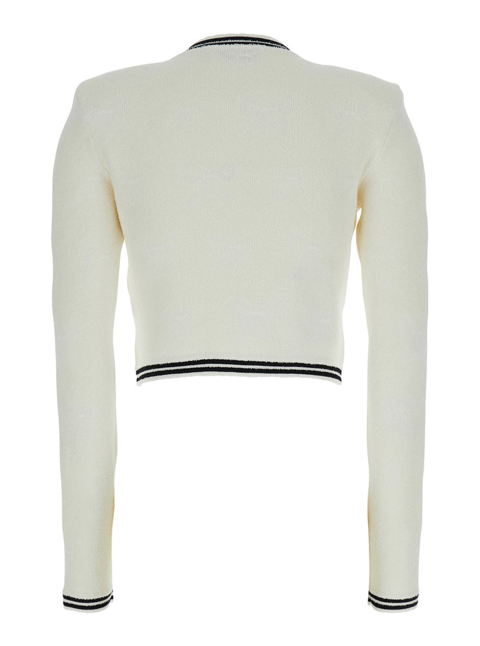 Beige Cardigan With Bow Detail On The Front And Contrasting Trims Cotton Blend Woman Jersey