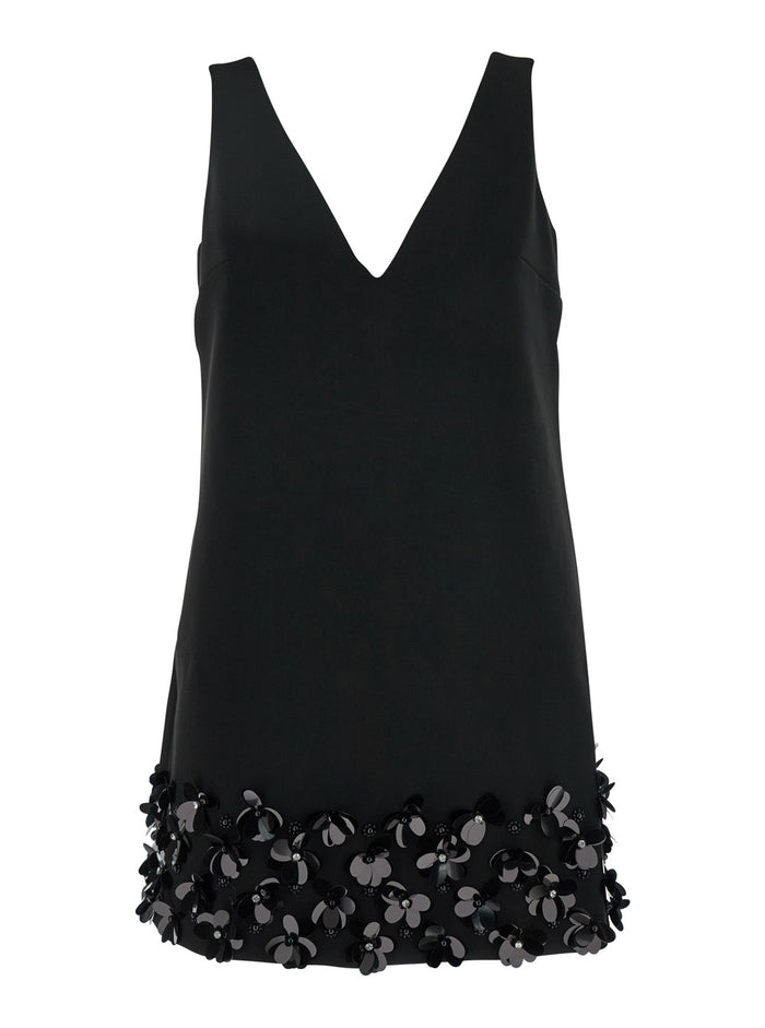 Black Sequin Mini Dress With V Neck Tech Fabric Woman