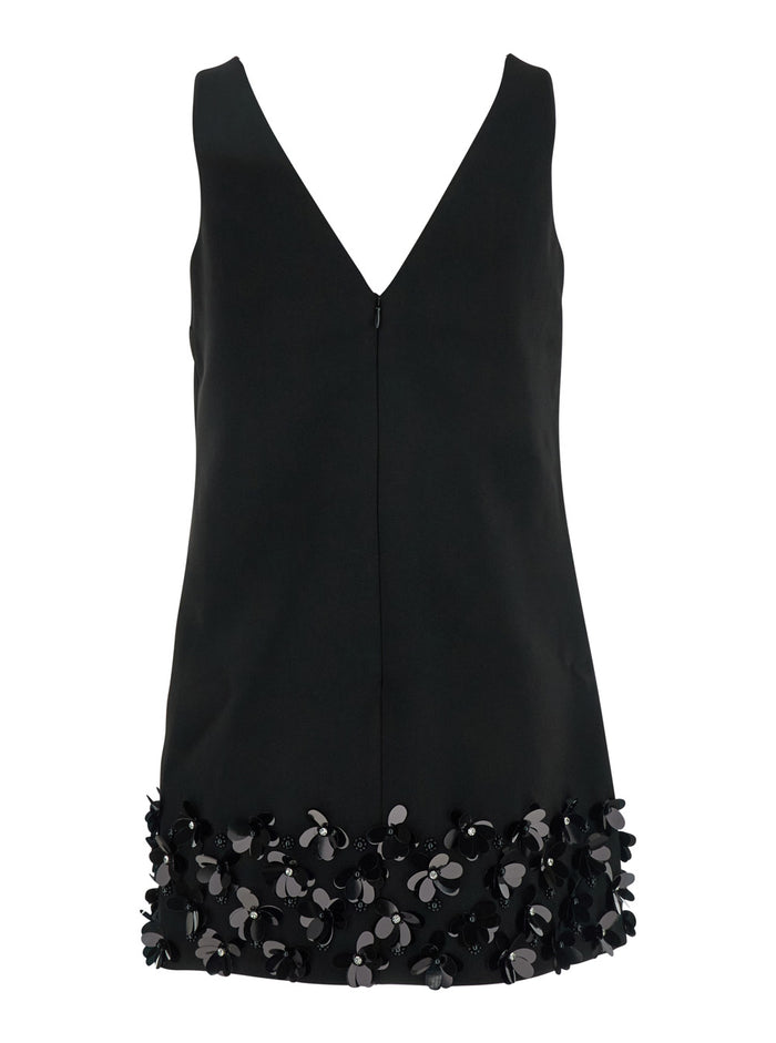 Black Sequin Mini Dress With V Neck Tech Fabric Woman