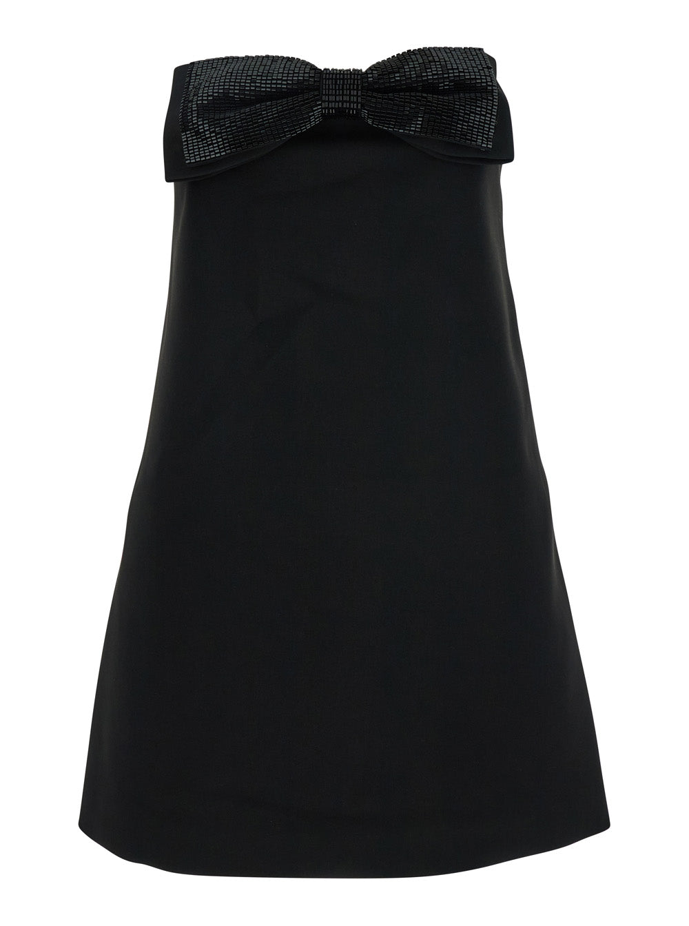 Black Sleeveless Mini Dress With Bandeau And Beaded Oversize Bow Tech Fabric Woman