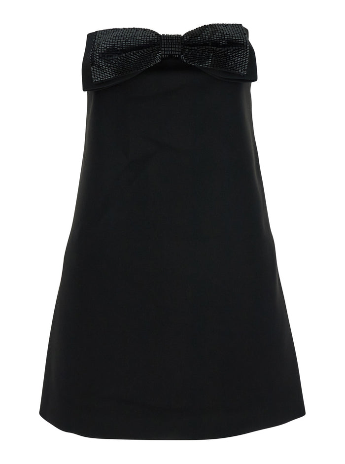 Black Sleeveless Mini Dress With Bandeau And Beaded Oversize Bow Tech Fabric Woman