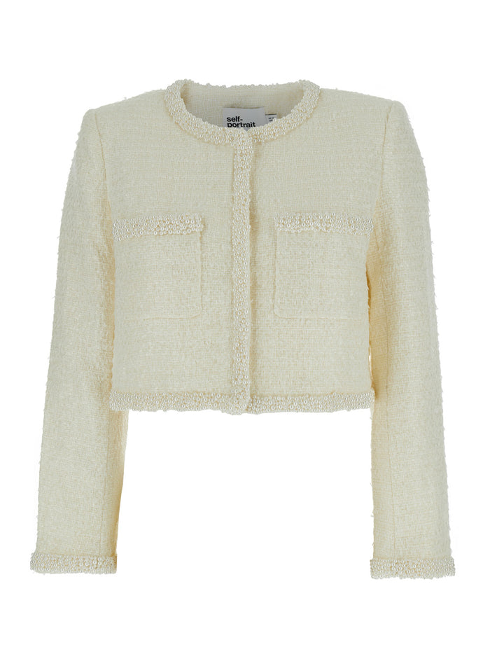White Crewneck Jacket With Sequin And Faux-Pearls Embellishments Tech Fabric Woman Blazers