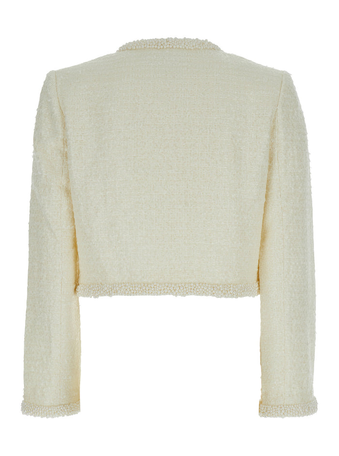 White Crewneck Jacket With Sequin And Faux-Pearls Embellishments Tech Fabric Woman Blazers