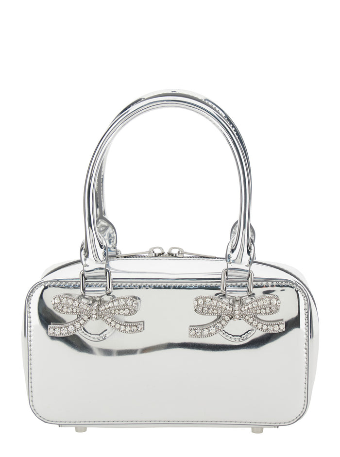 Silver-Colored Handbag With Bows On The Front Laminated Leather Woman Metallic Hand Bags
