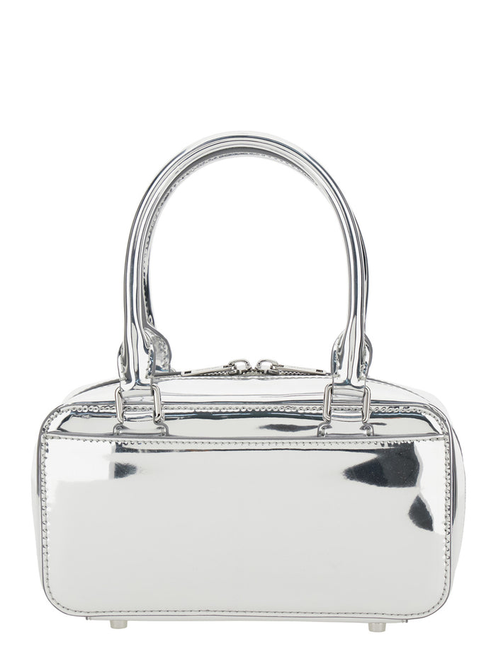 Silver-Colored Handbag With Bows On The Front Laminated Leather Woman Metallic Hand Bags