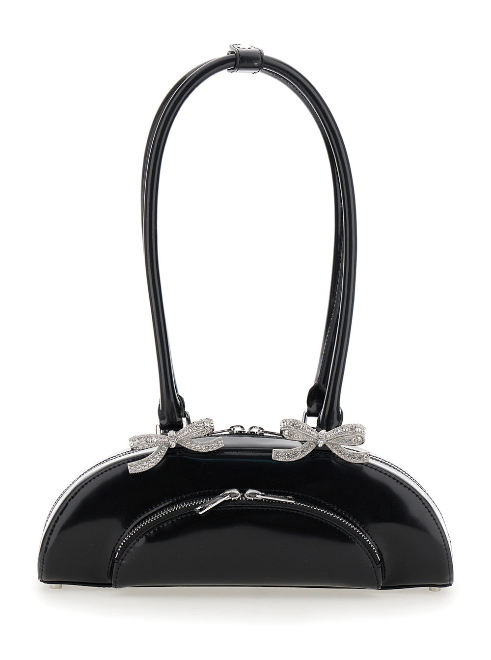 Black Shoulder Bag With Rounded Design And Bows On The Front Leather Woman Cow
