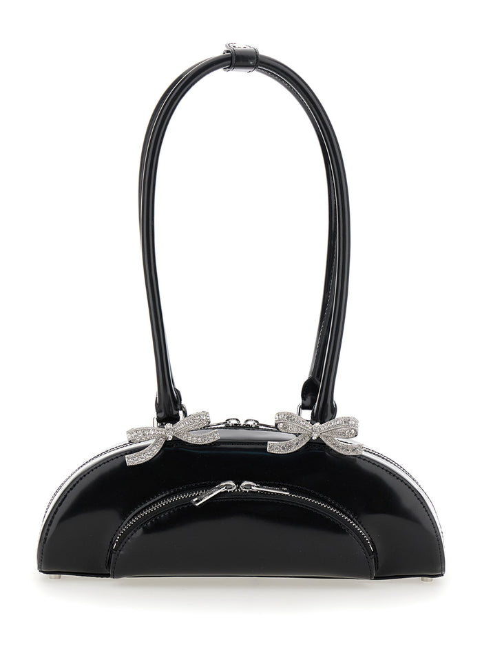 Black Shoulder Bag With Rounded Design And Bows On The Front Leather Woman Cow