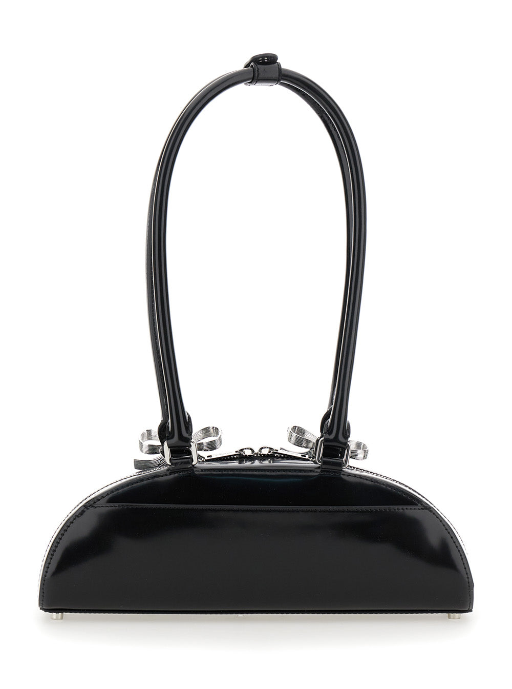 Black Shoulder Bag With Rounded Design And Bows On The Front Leather Woman Cow