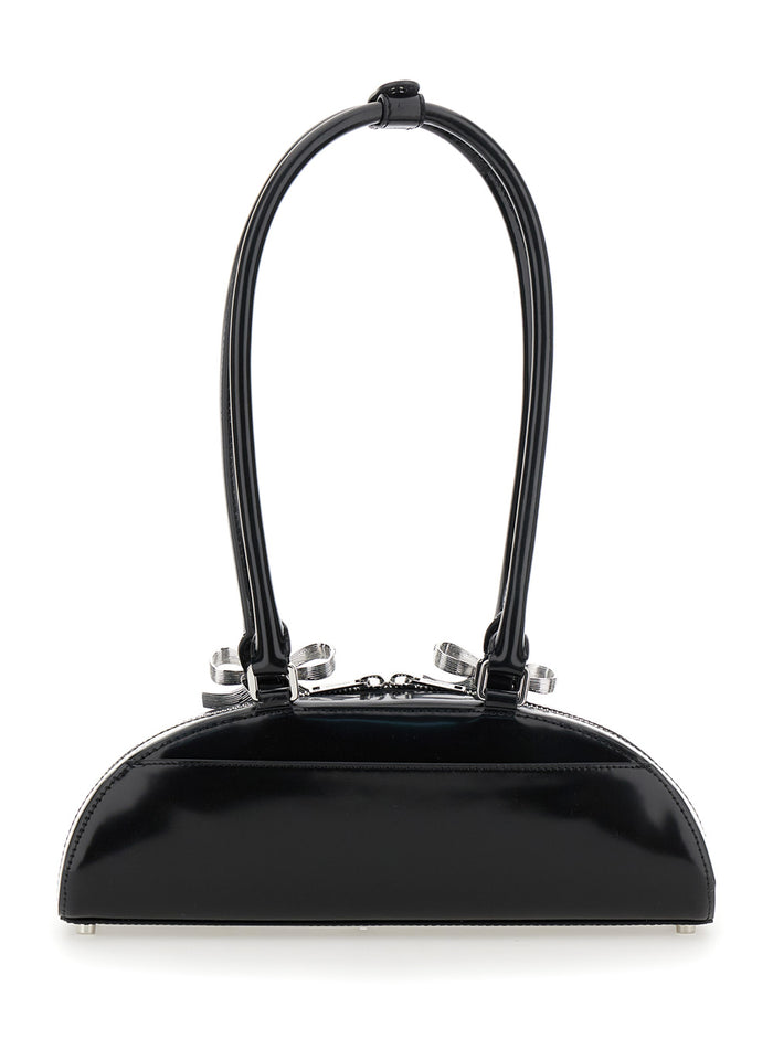Black Shoulder Bag With Rounded Design And Bows On The Front Leather Woman Cow
