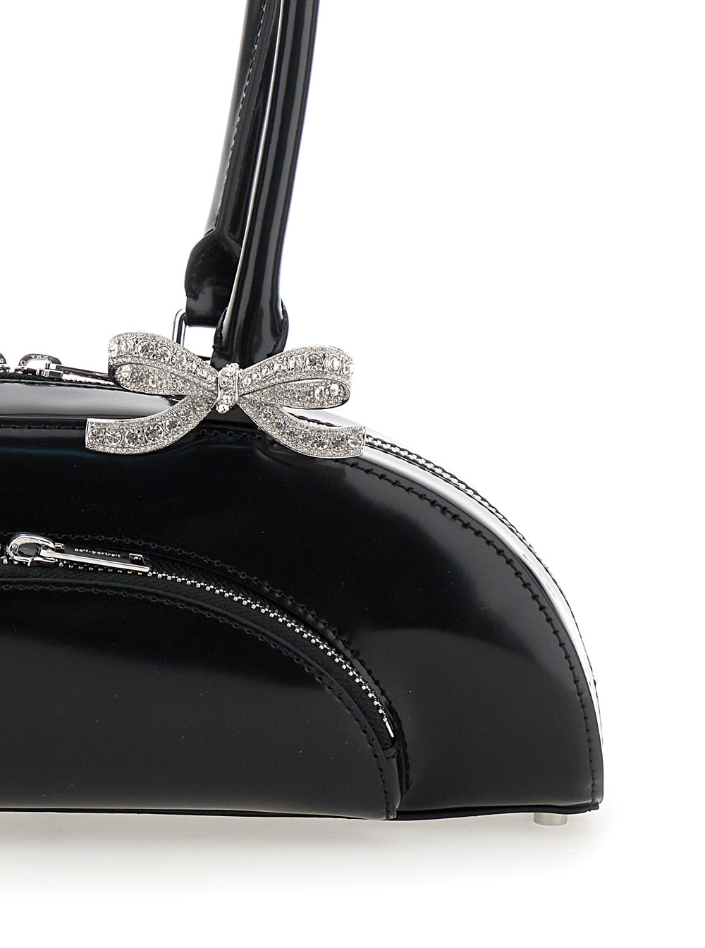 Black Shoulder Bag With Rounded Design And Bows On The Front Leather Woman Cow